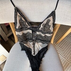 Victoria's Secret Elegant Black and Cream Lace Bodysuit